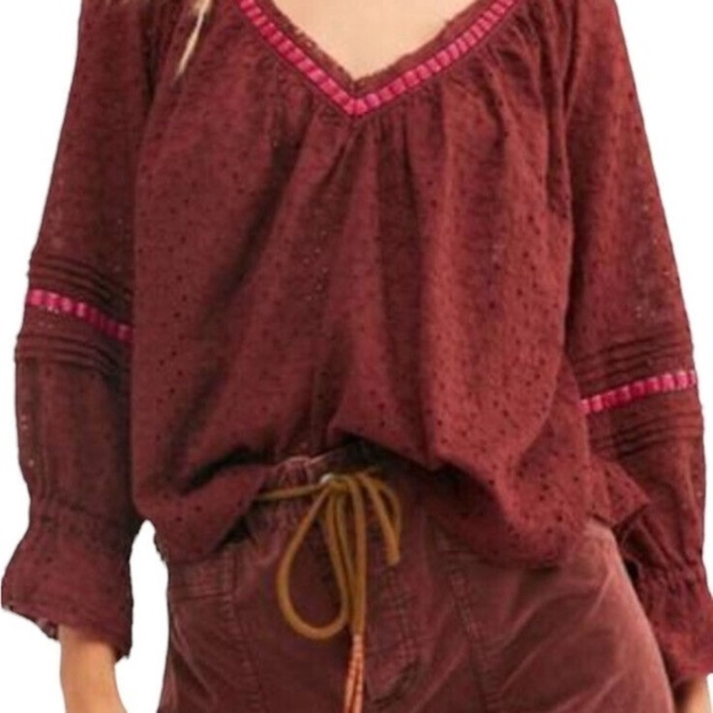 Free people darcy eyelet‎ oversized 100% Burgundy Red Blouse XS